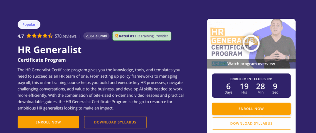 An example of an AIHR Certificate Program open for enrollment.