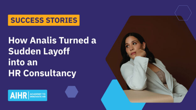 AIHR success story featuring Analis, who overcame a sudden layoff and built her own HR consultancy, shown seated and thoughtful.