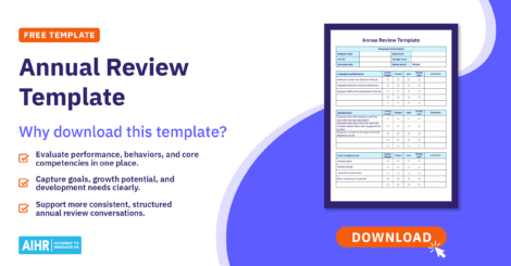 Annual review template promo highlighting key benefits and a preview of the performance evaluation form.