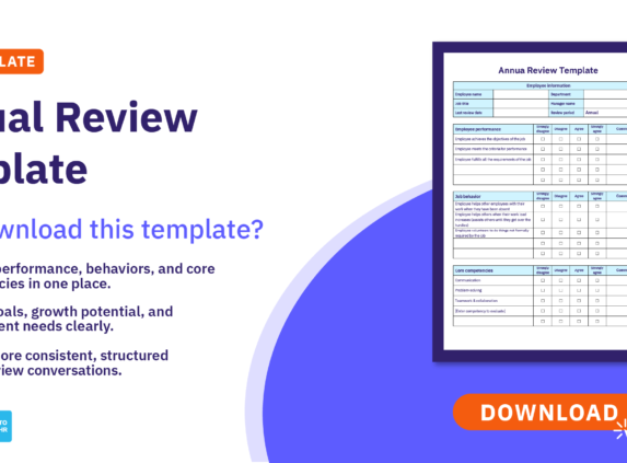 Annual review template promo highlighting key benefits and a preview of the performance evaluation form.