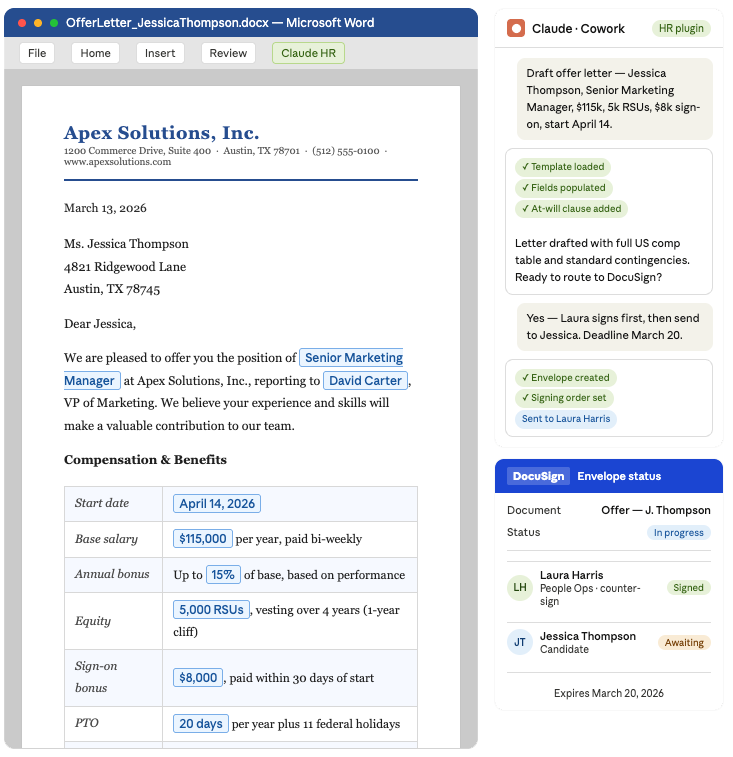 Screenshot of an offer letter workflow built with Claude for HR, integrated with Word and DocuSign.