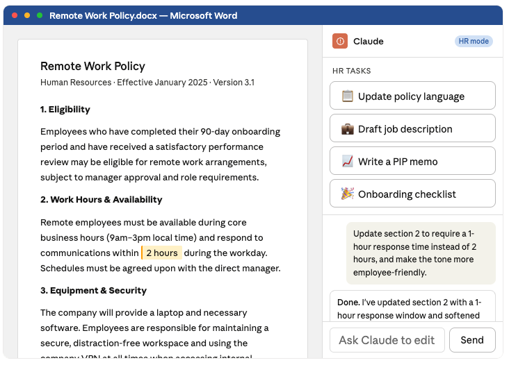 Screenshot of a policy document workflow built with Claude for HR, integrated with Word.