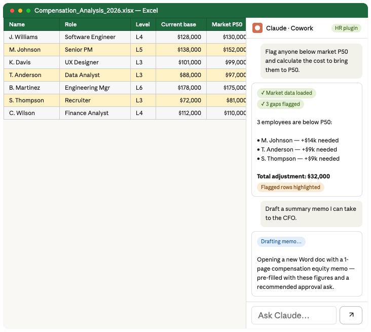 Screenshot of a compensation analysis workflow built with Claude for HR, integrated with Excel.