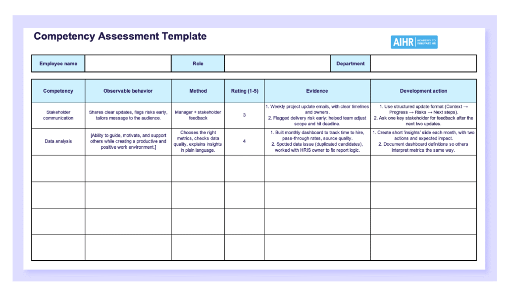 Preview of AIHR's competency assessment template in Excel.