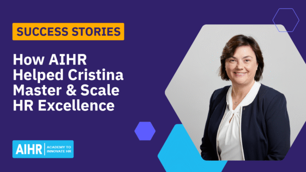 AIHR success story banner featuring Cristina and the headline “How AIHR Helped Cristina Master & Scale HR Excellence.”