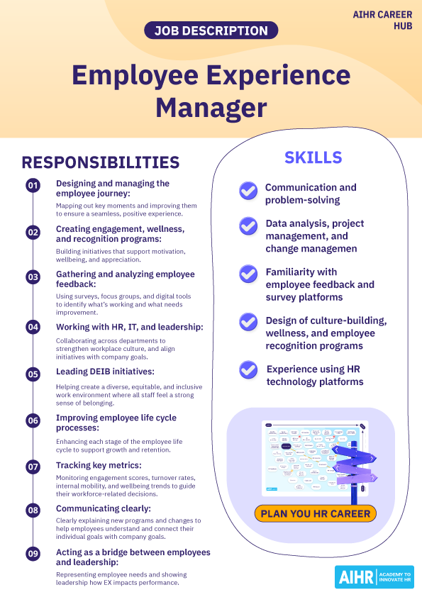 Employee Experience Manager key responsibilities and skills & how to plan your HR career.