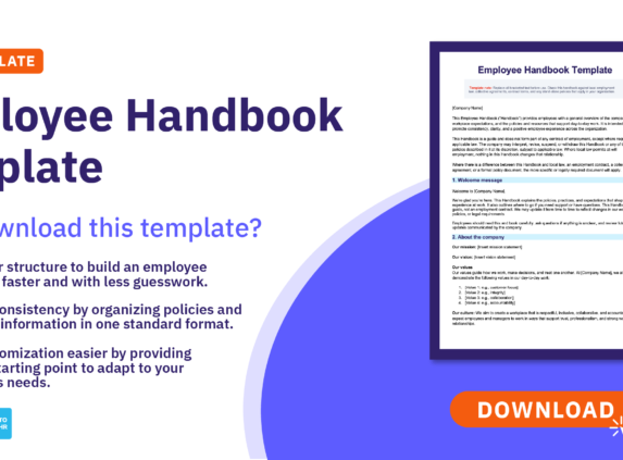 Employee handbook template promo showing key benefits and a preview of the handbook with a download option.