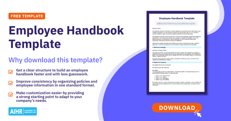 Employee handbook template promo showing key benefits and a preview of the handbook with a download option.