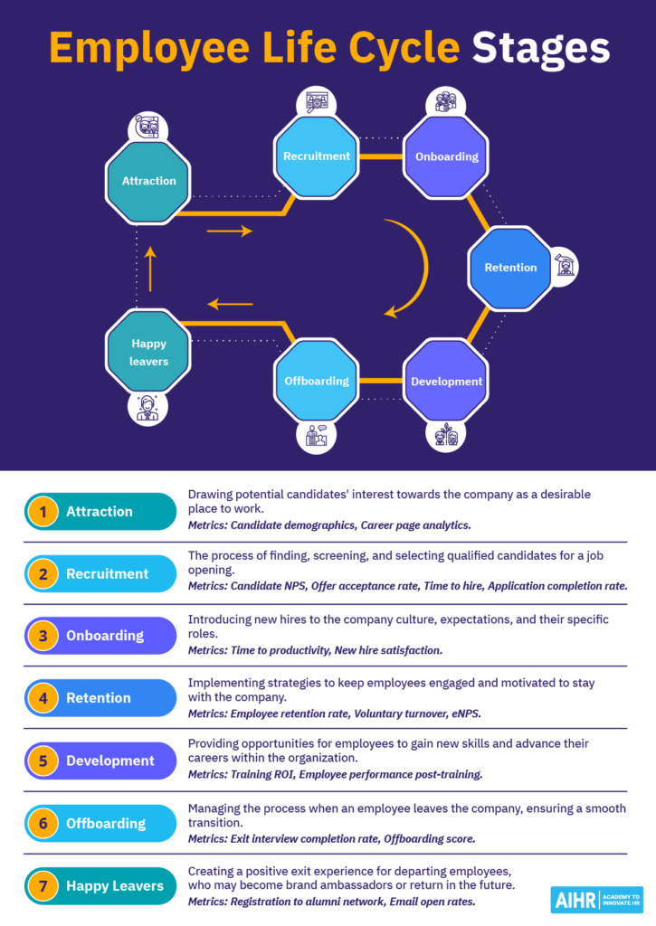 The 7 stages of employee life cycle and an explanation of what each stage refers to.