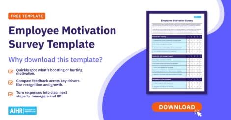 Promo graphic for a free employee motivation survey template, showing key benefits, a survey preview, and a Download button.”