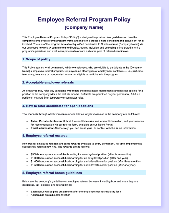 Screenshot of AIHR's free, customizable employee referral program policy template.
