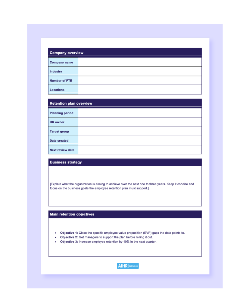 Screenshot of AIHR's employee retention plan template.