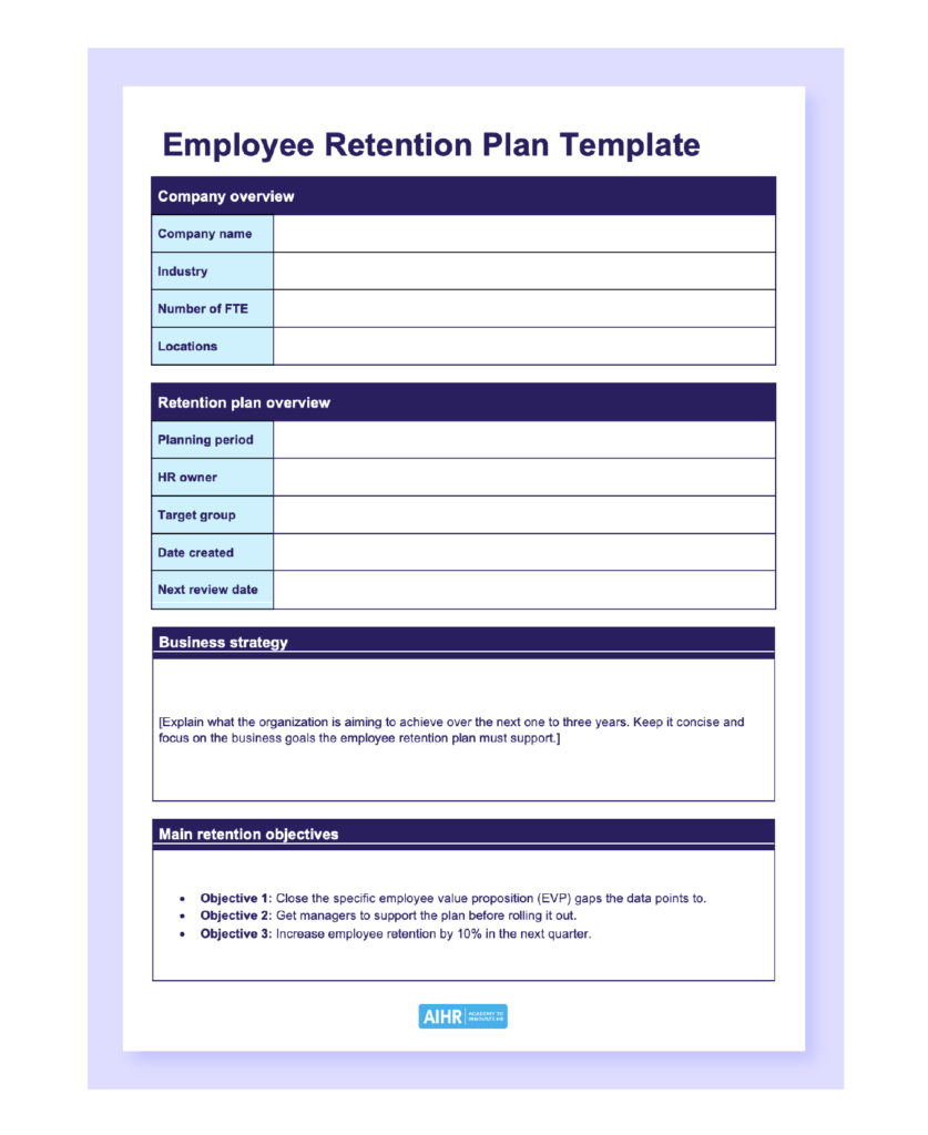Screenshot of AIHR's employee retention plan template.