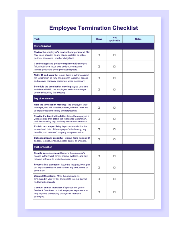 Preview of the employee termination checklist in Word.