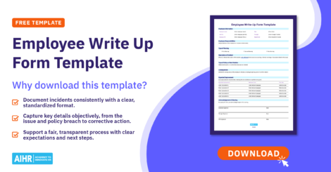 Employee write-up form template promo showing key benefits and a preview of the form with a download option.