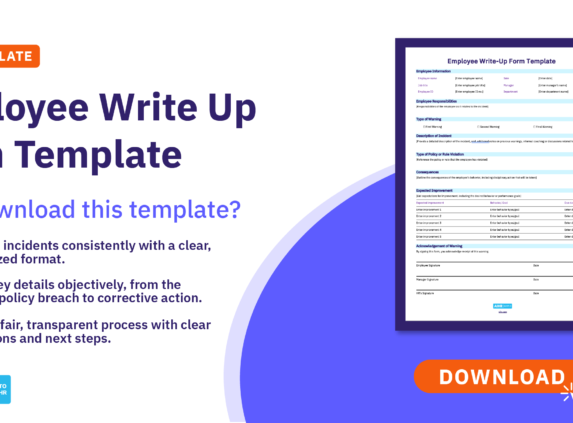 Employee write-up form template promo showing key benefits and a preview of the form with a download option.