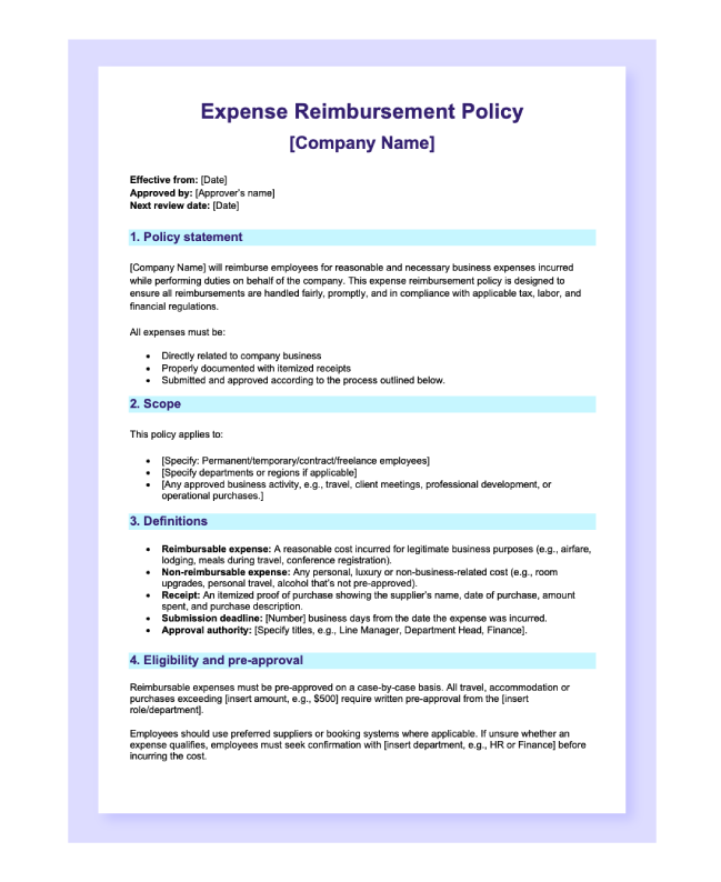 Preview of the Expense Reimbursement Policy template in Word.