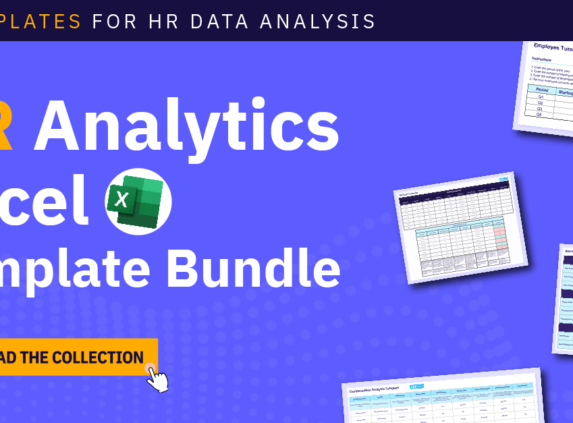 HR analytics Excel template bundle with six templates for analyzing turnover, recruiting, and compensation data.