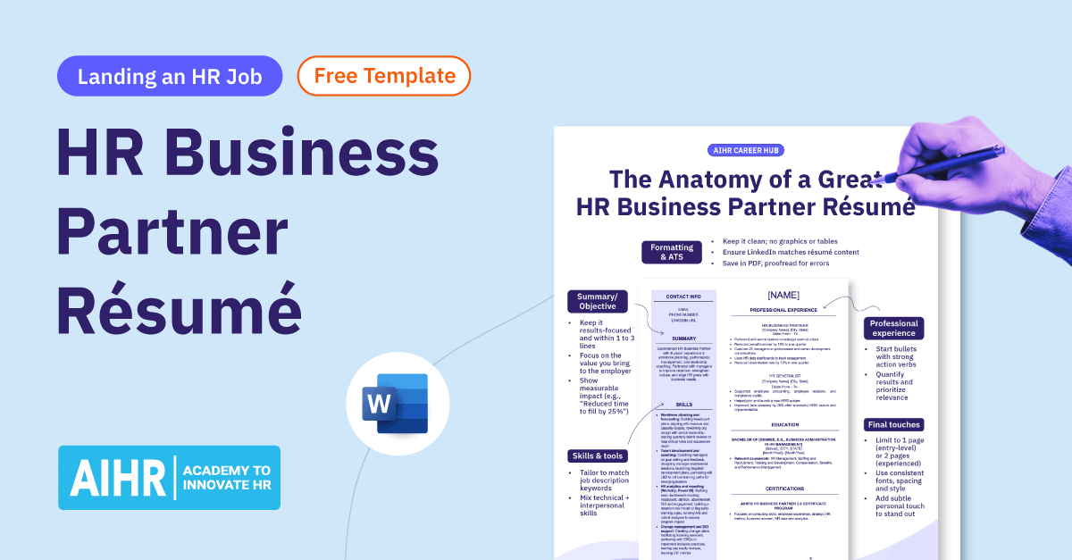 Preview of AIHR's HR Business partner résumé template.