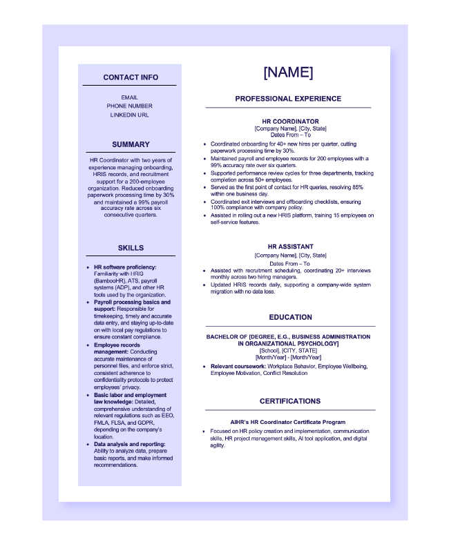 AIHR's HR Coordinator résumé template in Word.