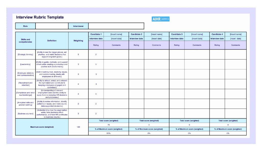 Preview of AIHR's interview rubric template.