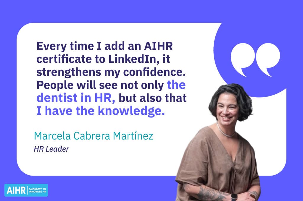 Marcela Cabrera Martínez quote on AIHR certificates strengthening her professional confidence.