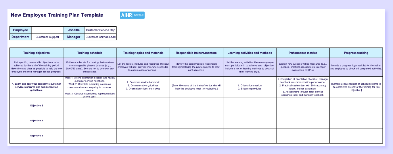 Screenshot of AIHR's new employee training plan template in Excel.