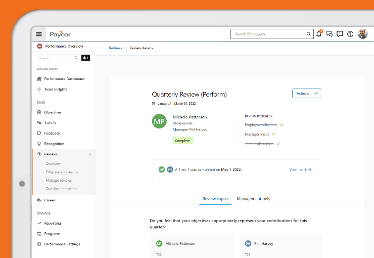 Screenshot of Paycor's performance review dashboard.