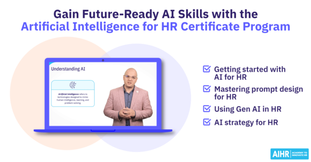 Artificial Intelligence for HR Certificate Program, highlighting topics like AI basics, prompt design, Gen AI, and strategy.