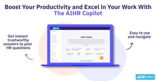 Laptop screen showing AIHR Copilot with text promoting instant, reliable HR answers and easy, intuitive user experience.