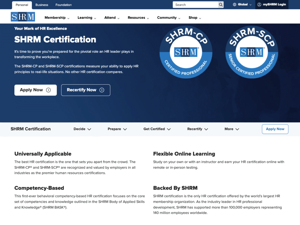 SHRM certifications.