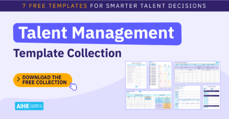 Talent management template collection with previews of 7 free talent decision templates and a download button.