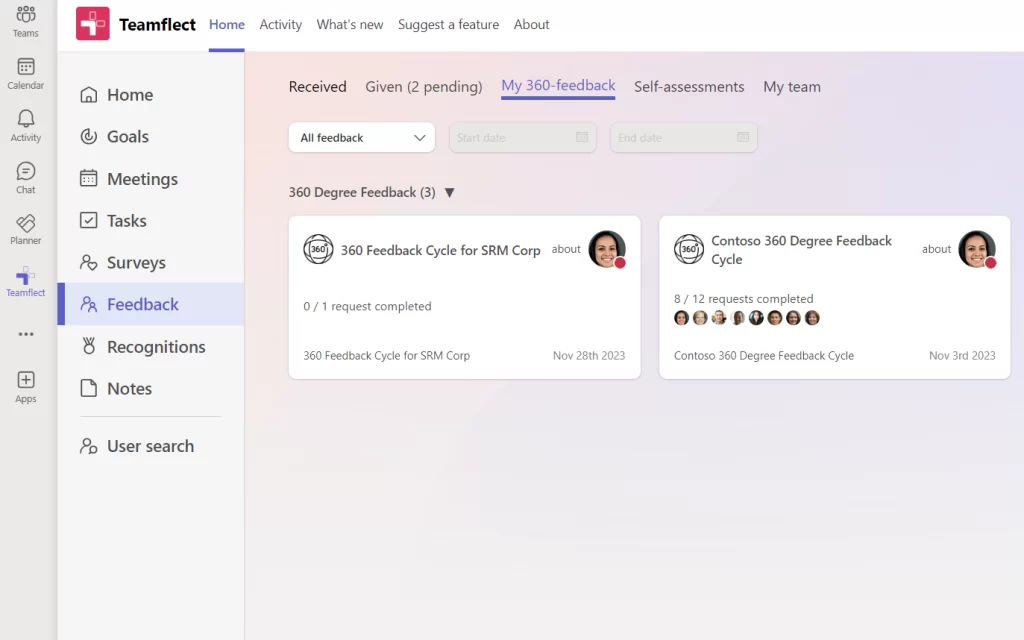Screenshot of Teamflect's 360 feedback feature.