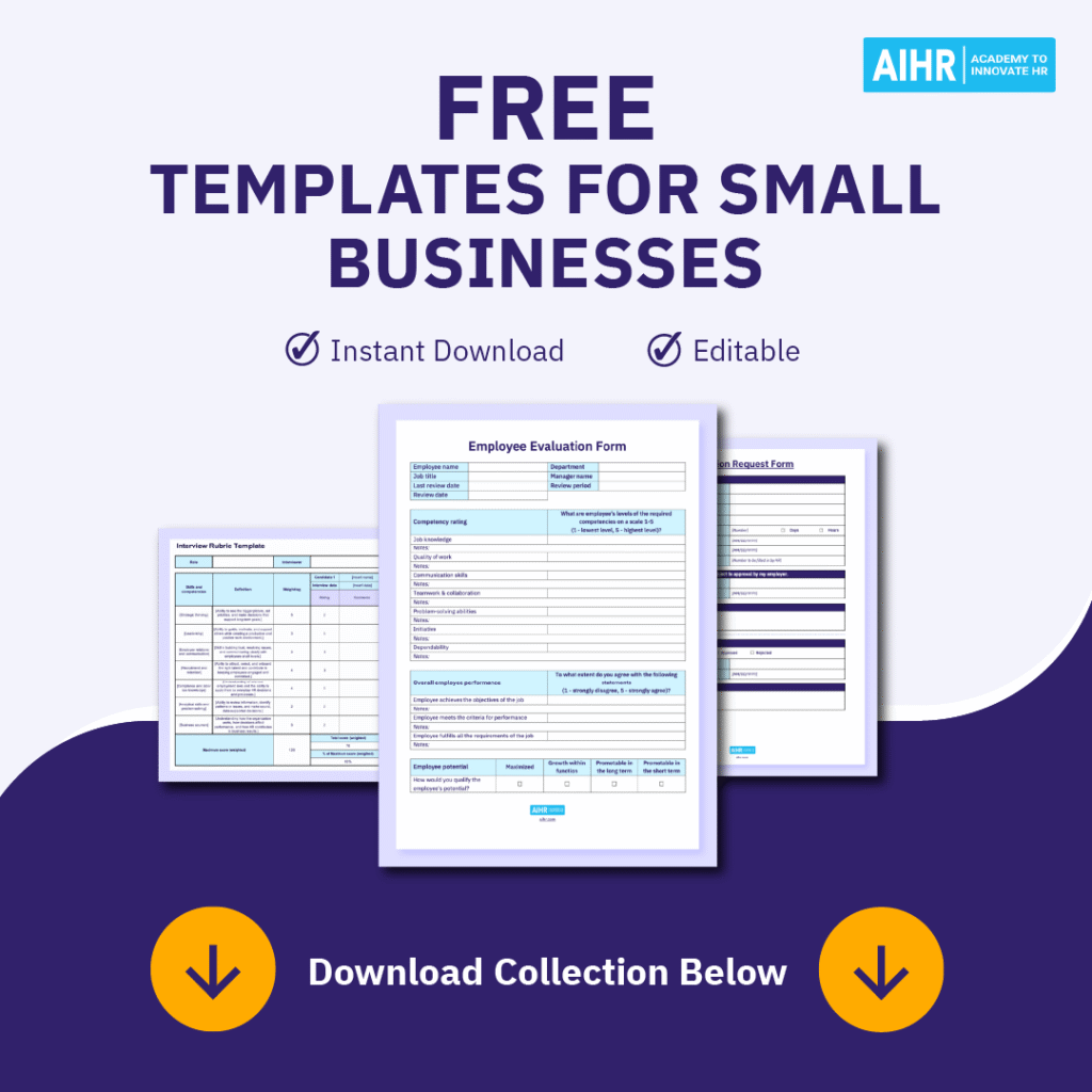 Preview of free, editable HR templates for small businesses available for download.