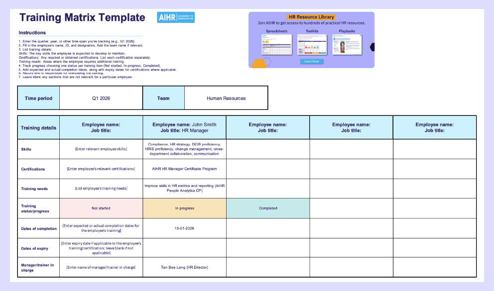 Screenshot of AIHR's training matrix template.
