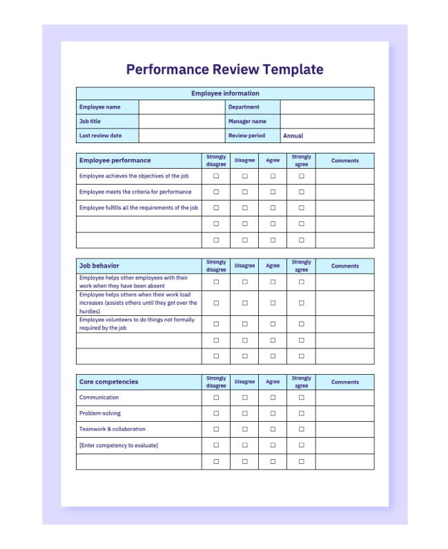 Preview of the annual/quarterly performance review template in Word.