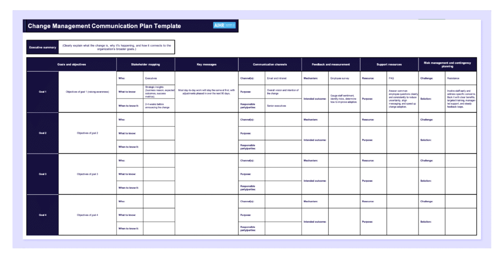 Preview of the change management communication plan template in Excel.
