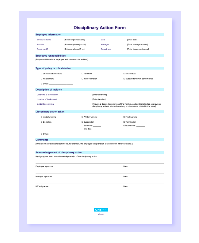Preview of the disciplinary action form template in Word.