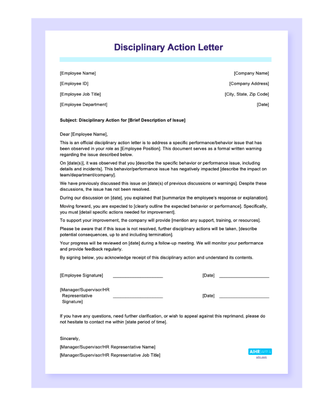 Preview of the disciplinary action letter template in Word.