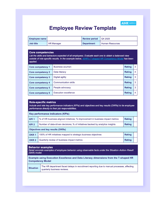 Preview of an employee review template in Word.