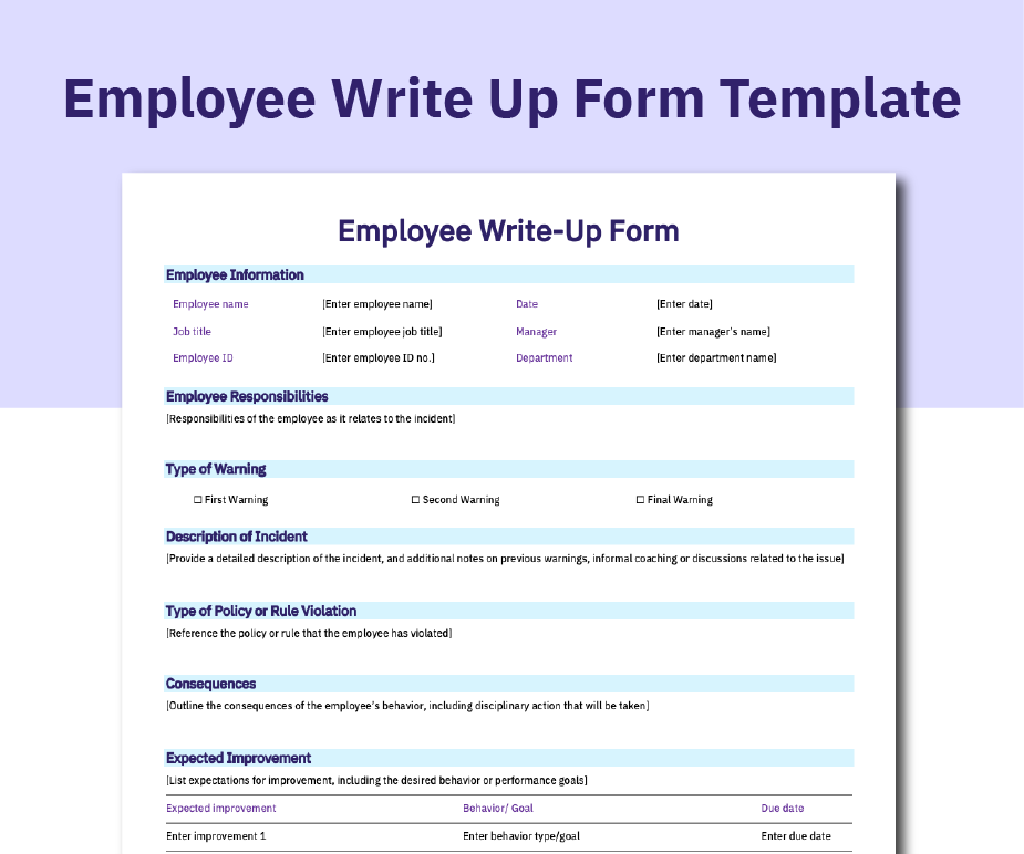 A preview of the employee write up form template in Word and PDF.