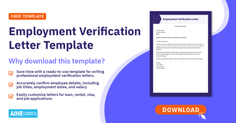 Employment verification letter template preview with benefits for confirming job details, dates, and salary.
