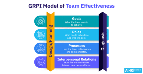 GRPI model showing goals, roles, processes, and relationships in effectiveness, with design and diagnosis.