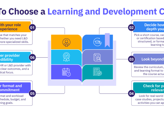 Six tips for choosing a learning and development course, from role fit and depth to relevance, format, and provider credibility
