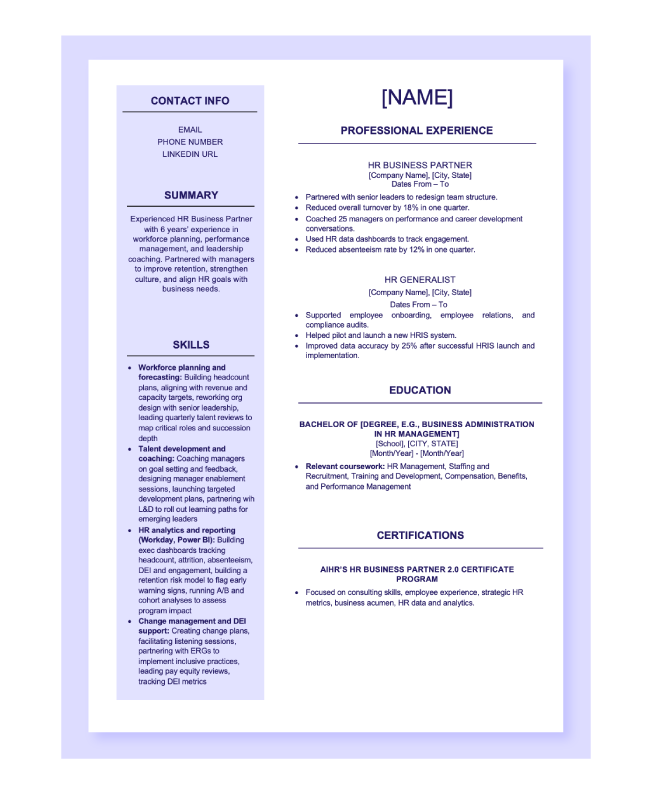 Preview of the HR Business Partner Resume template in Word.