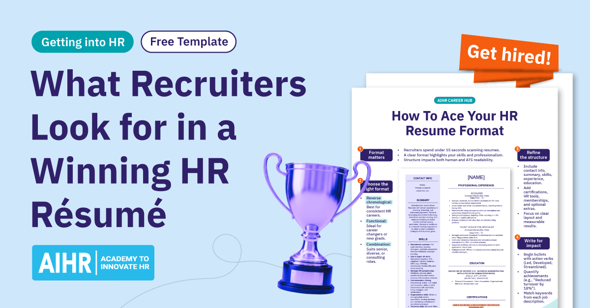 Conceptual depiction of what recruiters look for in a winning HR résumé, with a preview of AIHR's HR résumé format template.