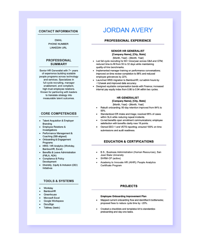 Preview of the HR Resume Format Example template in Word.