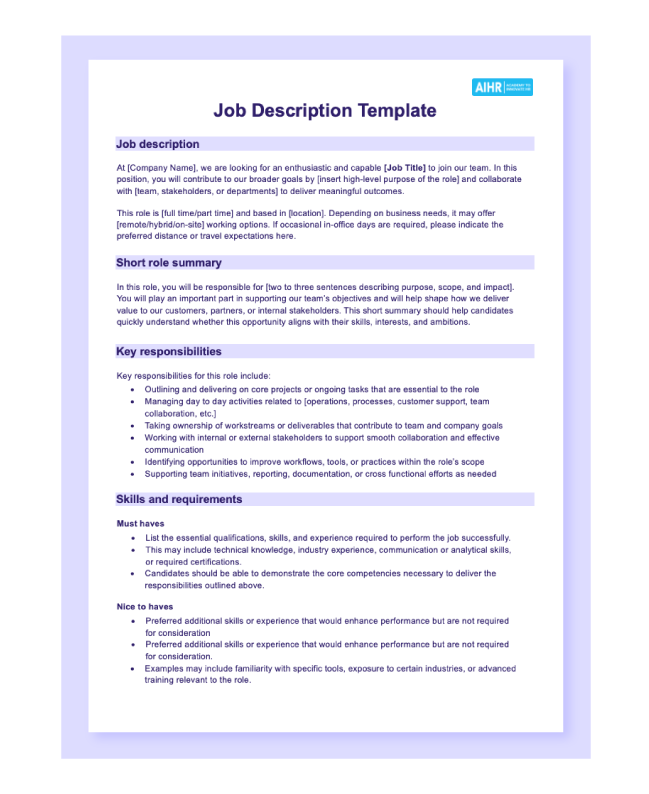 Preview of AIHR's job description template in Word.