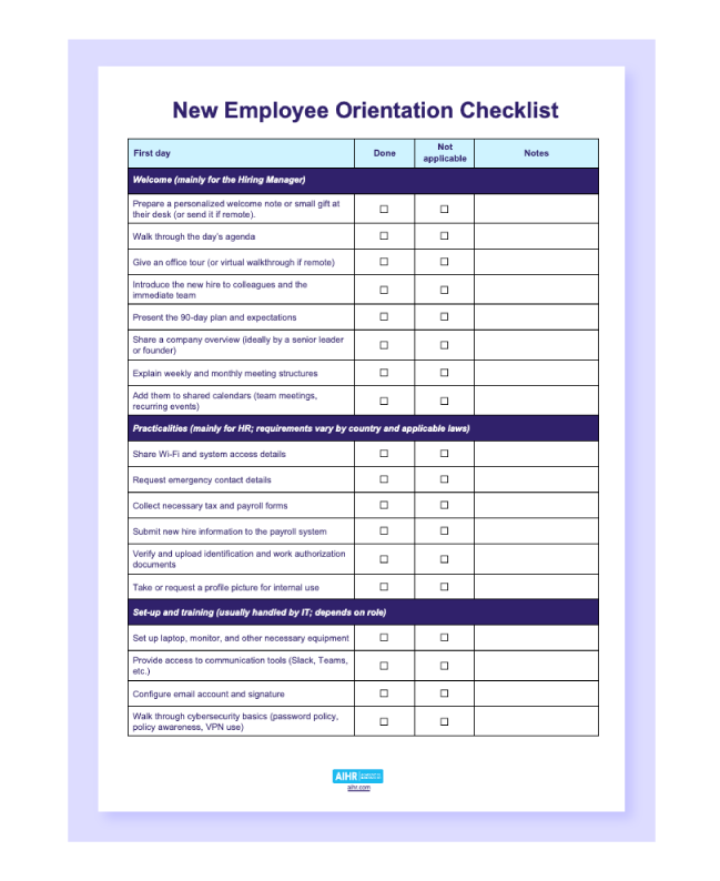Preview of the “New Employee Orientation Checklist” template in Word.