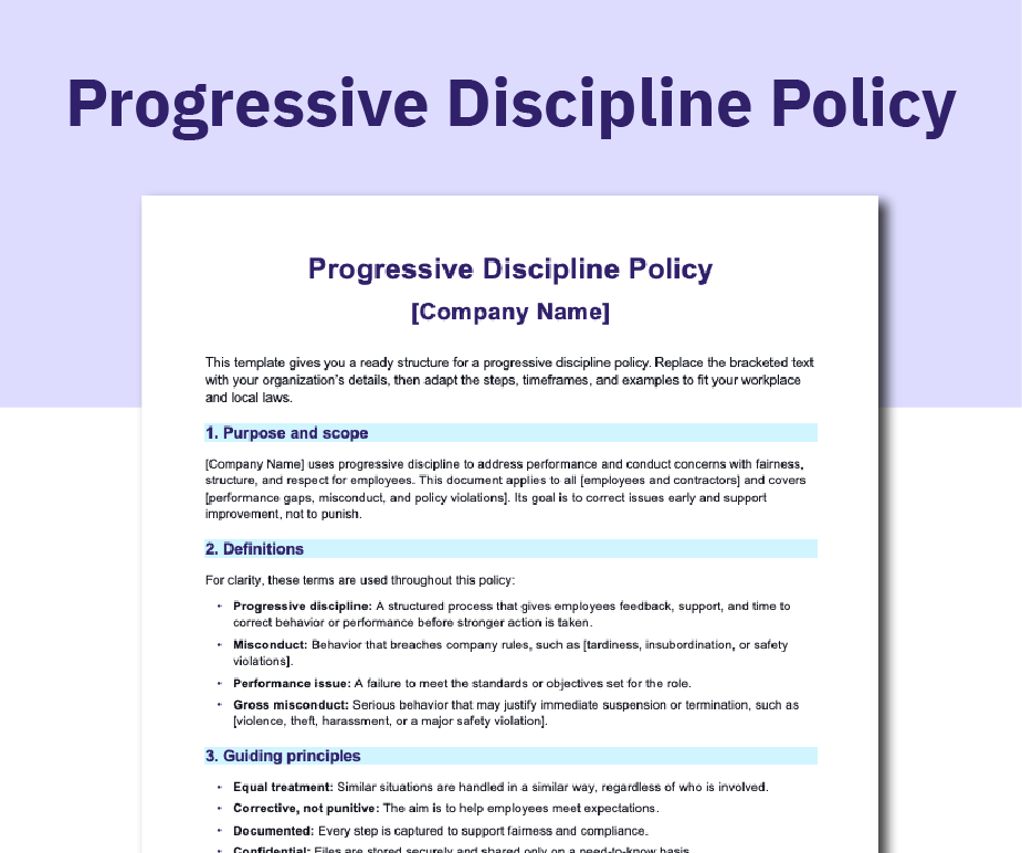 Progressive discipline policy template preview in Word.
